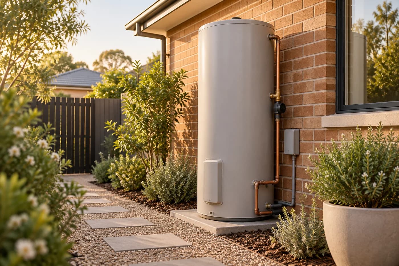 Unbranded outdoor hot-water tank beside a brick home, clean access space and soft garden planting